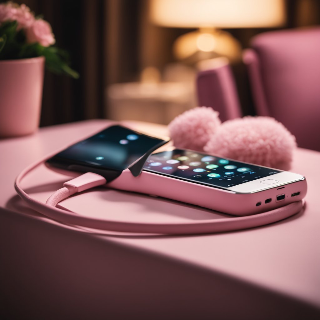 Un téléphone avec une teinte rose est posé sur une table, entouré d'un éclairage doux et romantique. Une atmosphère chaleureuse et intime est suggérée par l'utilisation de coussins moelleux et de couleurs chaudes.